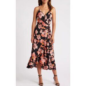 Chelsea 28 Orange Pink Black Floral V-Neck Ruffle Maxi Dress Nordstrom XXS NEW